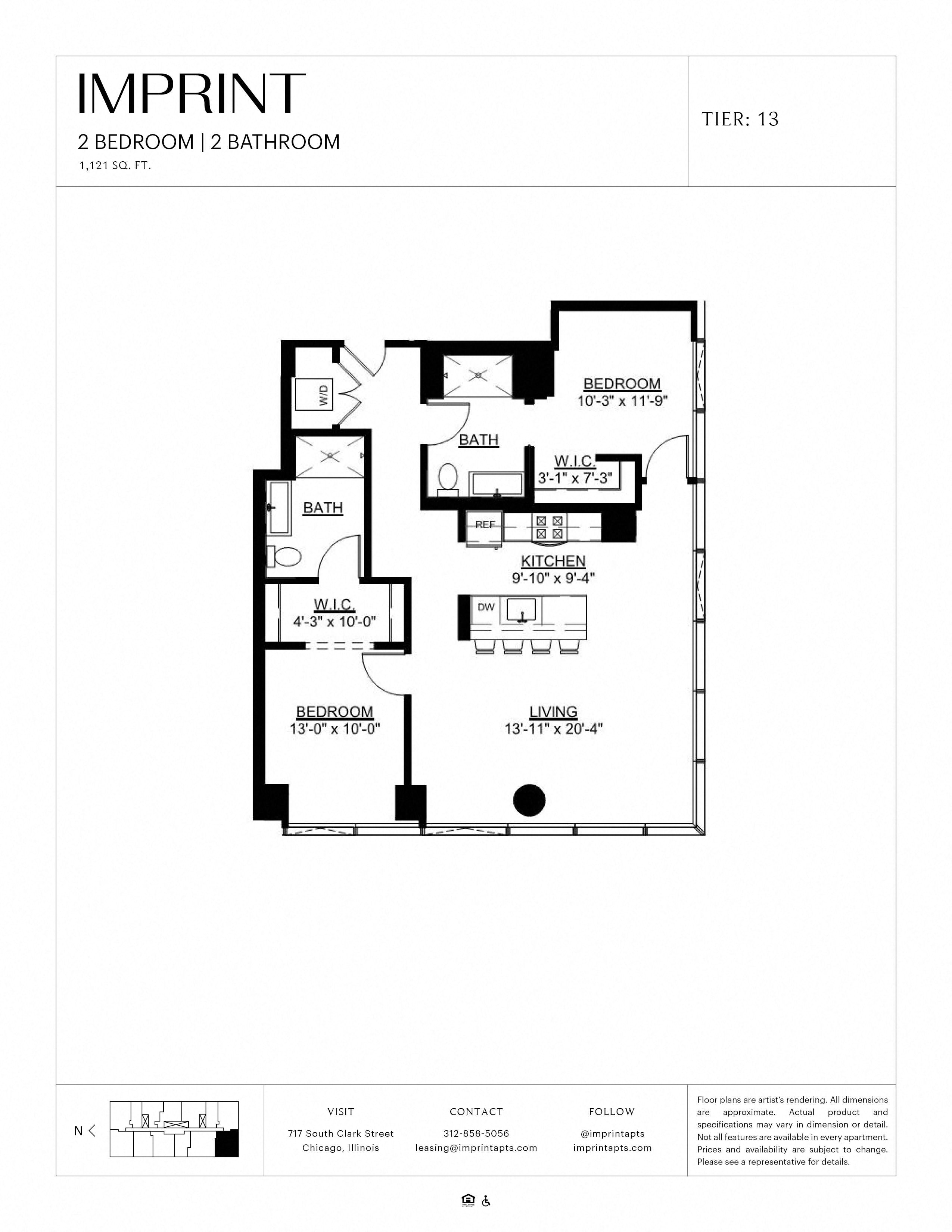 Floor plan for 2 beds, 2 baths, 1121 sqft